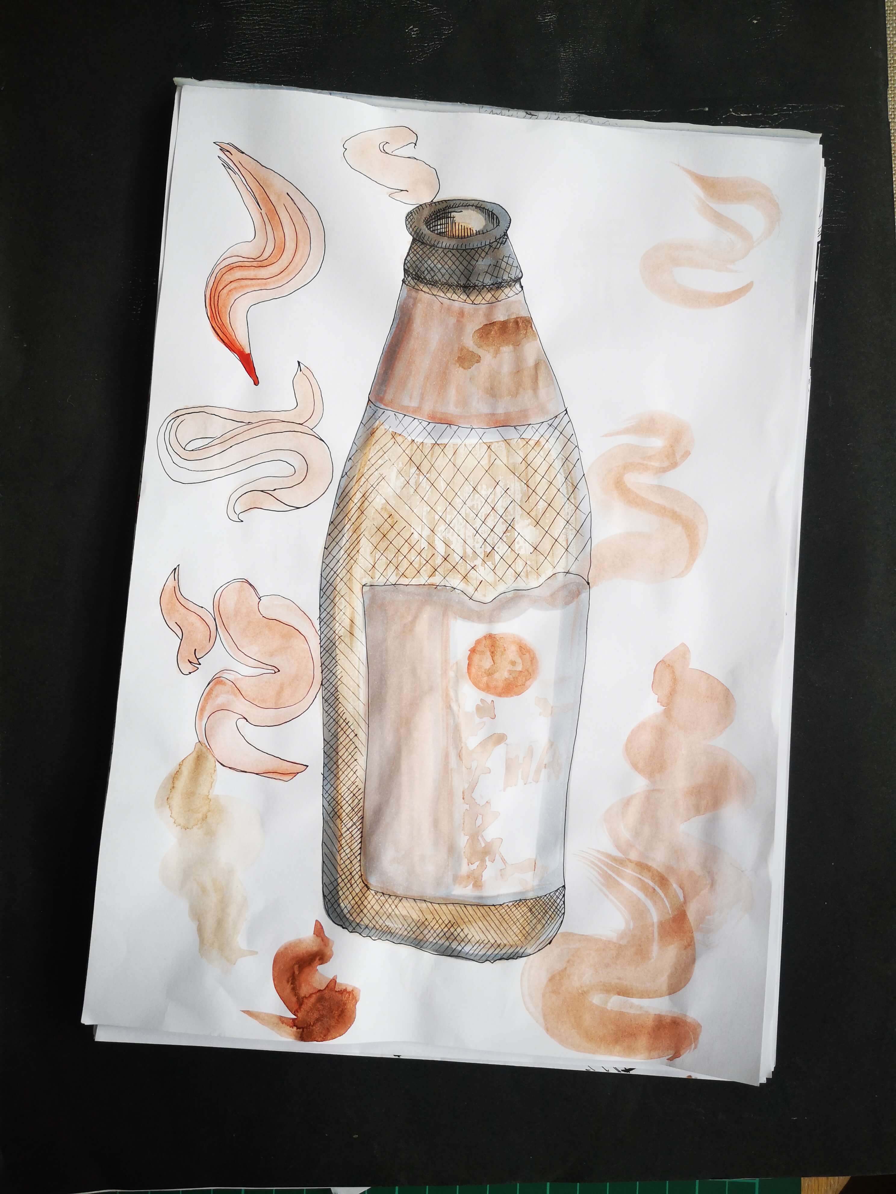 Mixed media image of the Hanalei Island IPA bottle using orangey brown water colour mix + copic felt markers C3 + C5 shade. Fine liner gel ink pen used for the cross hatching and line work for the bottle